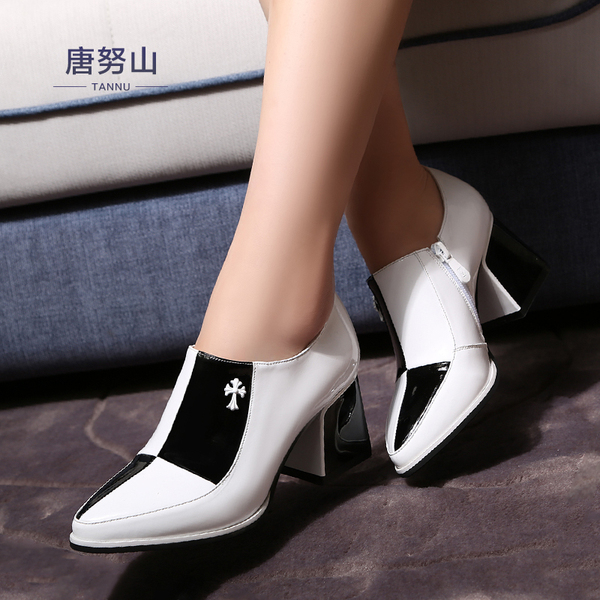 2014秋季新款真皮单鞋高跟鞋粗跟欧洲站女鞋黑白拼色英伦风秋鞋女