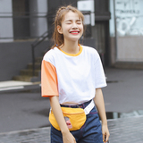 夏季新款韩国学院风字母刺绣撞色拼接袖宽松棉质短袖T恤女圆领
