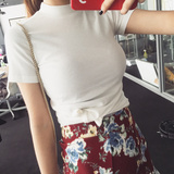 春夏新款韩版纯色紧身半袖小高领打底衫螺纹修身弹力短袖T恤女潮