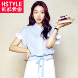韩都衣舍2016韩版女装夏装条纹直筒显瘦荷叶袖短袖衬衫EJ5588廵