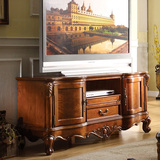 美式实木做旧电视柜 卧室雕花1.4米电视矮柜 欧式伸缩地柜储物柜