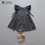 ZYYGL原创儿童服装夏季新款灰色格子飞飞袖短袖连衣裙女童背心裙
