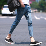 男士夏季薄款弹力雪花九分小脚裤修身韩版日系设计款学生牛仔裤
