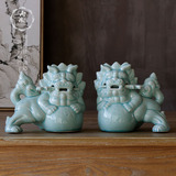 中式冰裂釉工艺摆件中剑陶瓷狮子 一对景德镇陶瓷器家居家装饰品