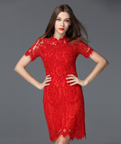 IT代购2016夏季女装中长款修身红色欧美大牌短袖旗袍蕾丝连衣裙