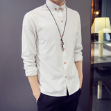 秋季男士衬衫长袖上衣服休闲衬衣纯色寸衫青年男装韩版修身白寸衣