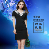 香港正品代购恶搞香奈儿2016新款夏女装气质条纹拼接短袖OL连衣裙