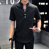 夏季新品时尚潮流韩版修身纯色棉麻短袖T恤短裤薄款男套装两件套