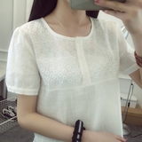2016夏季新款韩版棉麻女短袖宽松大码小清新亚麻衬衫蕾丝上衣女装