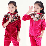 2016年秋季新品女童韩版休闲碎花两件套金丝绒套装童装