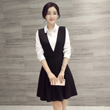 2016春夏新款韩版女装女刺绣简约白衬衫V领背带套装连衣裙两件套