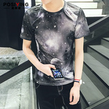 3D印花短袖圆领T恤男紧身潮青年韩版修身打底衫学生个性体恤半袖