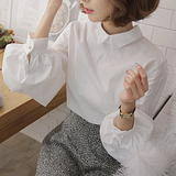 2016春季新款韩国简约棉衬衣娃娃领泡泡灯笼袖白衬衫OL气质上衣女