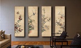 中式国画背景墙壁纸现代玄关壁画沙发影视墙纸客厅四联工笔装饰画