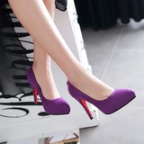韩版性感红紫色绒面细跟高跟鞋女尖头浅口防水台夜店公主单鞋婚鞋