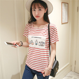 夏季韩国条纹短袖T恤女装 修身显瘦中学生少女半袖休闲百搭上衣服