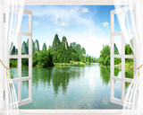 立体假窗户绿色森林风景装饰贴画 桂林山水瀑布茶庄竹林宾馆贴画