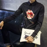秋季日系印花长袖衬衫男士大码修身上衣服韩版青少年衬衣潮流男装