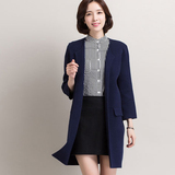 秋冬新款女式韩版中长款羊毛假兜大衣开衫修身上衣毛呢外套