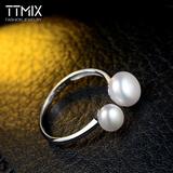 Ttmix天然淡水大小珍珠韩国925银复古饰品女时尚银饰潮流开口戒指