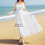 小清新甜美蕾丝白色连衣裙唯美修身气质沙滩裙夏长裙大摆镂空裙