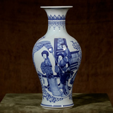景德镇陶瓷仿古青花观音瓶康熙人物图花瓶 中式古典做旧客厅摆件