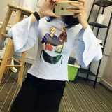 2016韩国东大门春装新款长袖T恤复古卡通图案喇叭袖印花上衣女潮