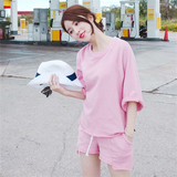 韩国代购正品女装夏新款时尚粉色宽松七分短袖T恤+短裤休闲套装潮