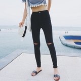 【蜜爷】夏季新款韩国代购膝盖破洞显瘦弹力小脚牛仔裤打底裤子女