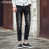 gthomme2016春夏季新款男士牛仔裤黑色破洞修身小脚裤显瘦潮男裤