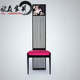新中式高背椅形象椅 酒店会所实木布艺扶手靠背餐椅单人椅子家具