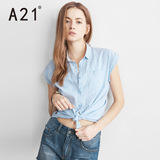 A21女装学院风无袖衬衫 2016夏装新款 百搭甜美复古蓝白条纹衬衣