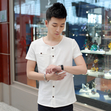 中国风男士纯色棉麻衬衫小清新文艺青年春款原创短袖衬衣无领8021