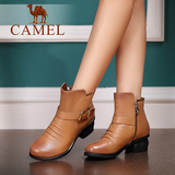 Camel/骆驼女鞋 优雅真皮短靴 2016冬季新款圆头中跟拉链短筒女靴