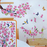 最新浪漫温馨粉色桃花客厅卧室装饰墙贴画鸟语花香温馨立体墙贴画