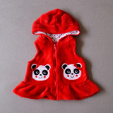 欧美原单韩版女童珊瑚绒连帽造型背心马夹小熊耳朵卡通刺绣帽马甲
