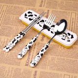 韩式可爱奶牛纹陶瓷柄不锈钢便携餐具 筷子勺子旅行餐具卡通套装