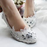 中式白色水晶婚纱鞋 平底蕾丝水钻婚鞋孕妇平底鞋 伴娘高跟鞋