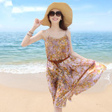 韩国代购2016夏新款波西米亚度假沙滩裙显瘦吊带碎花雪纺连衣裙女