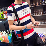 夏季男士短袖T恤 男青年大码条纹圆领半袖小衫休闲潮男装韩版衣服