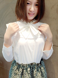 蜜淘家 2014秋季新款韩版女装长袖大蝴蝶结白色衬衫 打底 娃娃衫