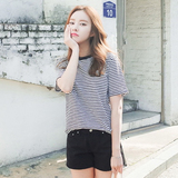 韩国代购进口直发Cherrykoko正品2016夏新款女装圆领细横条纹T恤