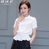 立领雪纺衫短袖女装2016夏季新款韩版短款显瘦打底小衫纯色上衣
