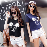 2016夏季韩版卡通宽松短款高腰露脐运动上衣短袖T恤罩衫学生女装