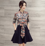 印花连衣裙女2016春装新款韩版收腰显瘦假两件套中长款气质连衣裙