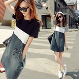 夏季韩版女新款上衣连衣裙短袖黑白牛仔拼接连衣裙时尚气质A字裙