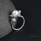 纯银珍珠戒指开口 女 闪钻韩版花朵银戒指 个性时尚食指戒指指环