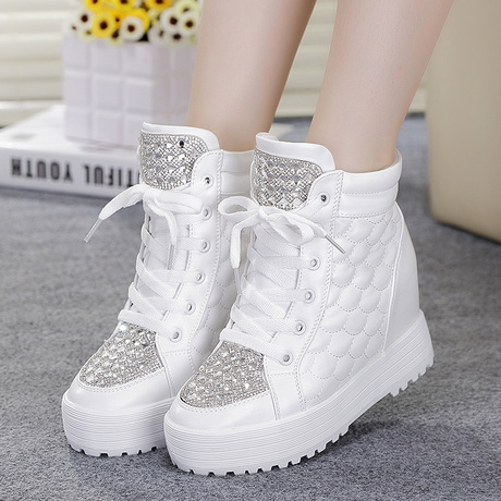秋季新款女鞋 水钻厚底内增高8cm 松糕鞋高帮