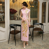 新款绣花长款粉色旗袍改良复古开叉修身显瘦中式礼服旗袍连衣裙
