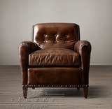 美式法式乡村复古单人沙发拉扣高背老虎椅子油蜡皮小户型真皮沙发